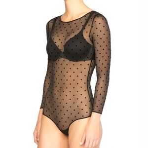 Spanx Sheer Smoothing Mesh Flocked Dot Thong Bodysuit Size S